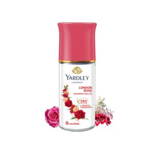 Yardley London London Rose Underarm Deodorant Roll On | With Licorirce Extract & Floral Extracts | Smooth & Eventoned Underarms | 72 H Long Lasting Floral Scent| 0% Alcohol & Dermat Approved | For Women | 50ml