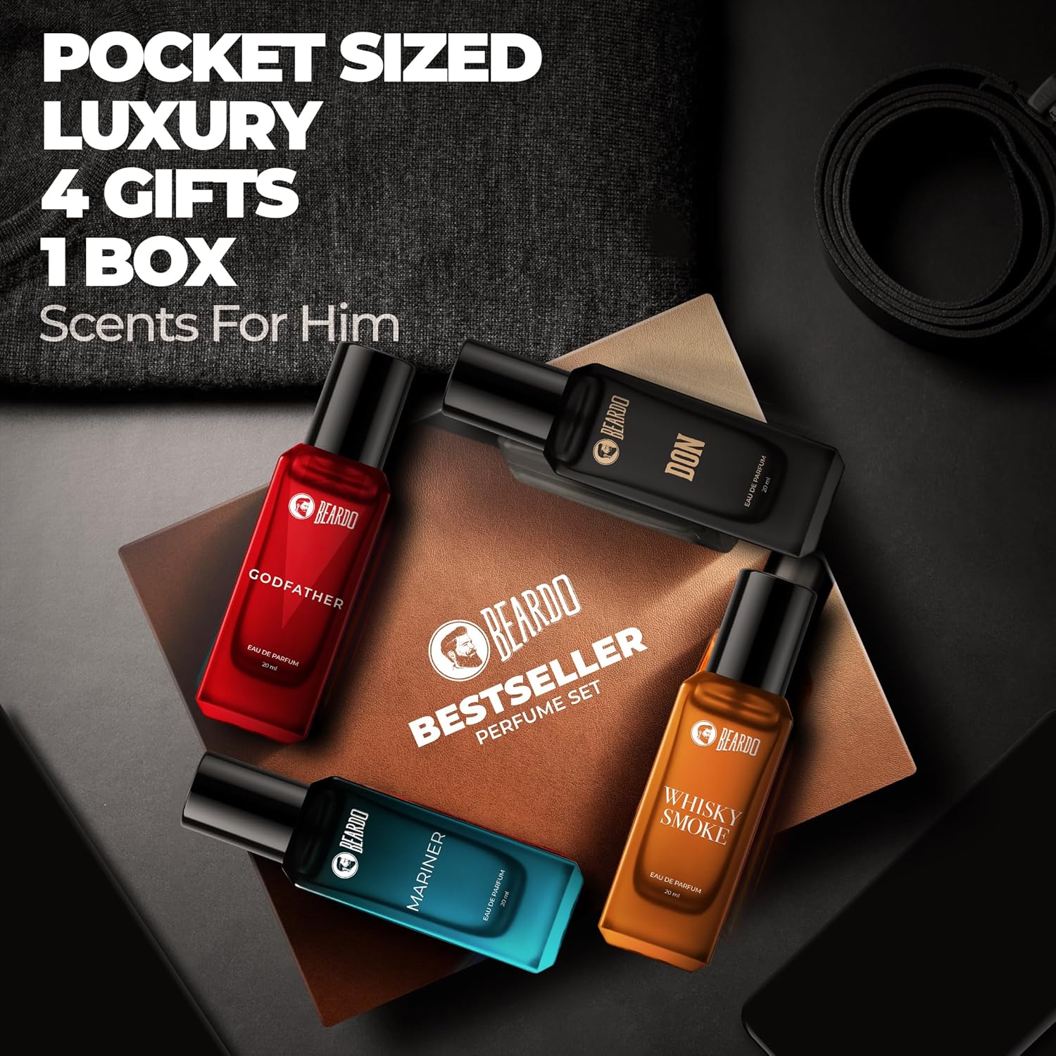 BEARDO Perfume Giftset For Men, 20ml x 4 | Whisky Smoke, Godfather, Mariner & Don Perfume | Long Lasting Fragrance | Perfume for Men | Premium Fragrance | Gift for Man | Husband | Boyfriend - Image 6